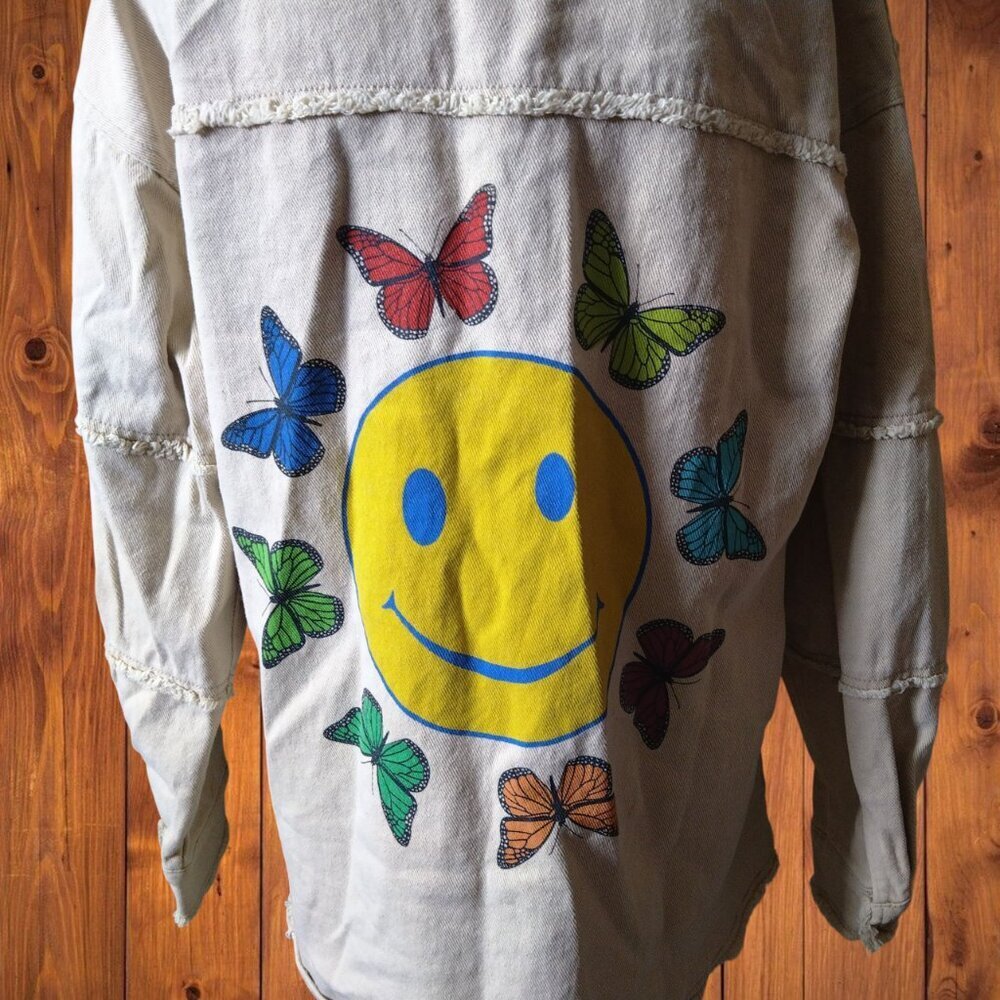 Blue B Collection Women's Small Beige Denim Jean Shirt Jacket Snap Butterfly - Picture 6 of 7